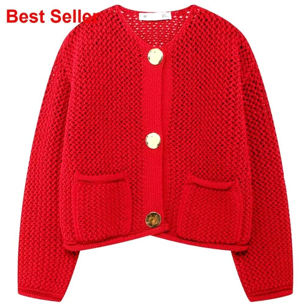 Cropped Cardigan Sweater Chunky Knit Open Front Long Sleeve Gold Buttons